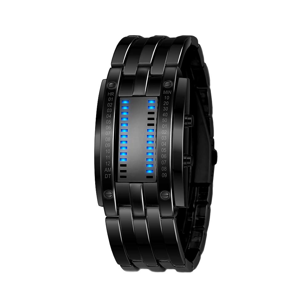 Unisex Binär Digitale Uhren Schwarz Edelstahl Fashion Casual Stil Eckig Zifferblatt Blau LED Licht Einzigartig Armbanduhren Kalender