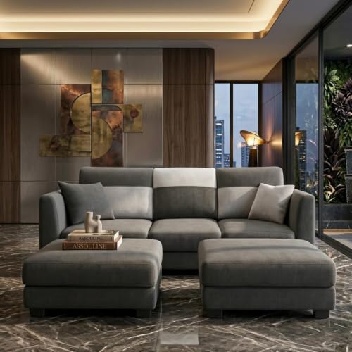 Image of SOCOZI Evanto 5 Seater L Shape Sofa Set with 2 Movable Ottomans | Flexible Layout| Soft Velvet Suede Fabric|Modern Sofa | Plush Comfort Cushions for Living Room (Dark Gray-Light Gray)