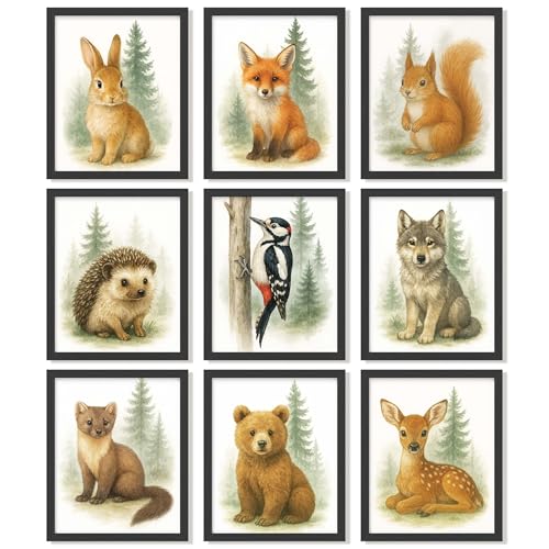 97 Decor Woodland Nursery Wall Decor - Forest Nursery Wall Art Prints For Kids Classroom, Bear Fox Artwork Deer Pictures Animal Posters For Baby Boys Bedroom Decorations (8x10 Unframed)