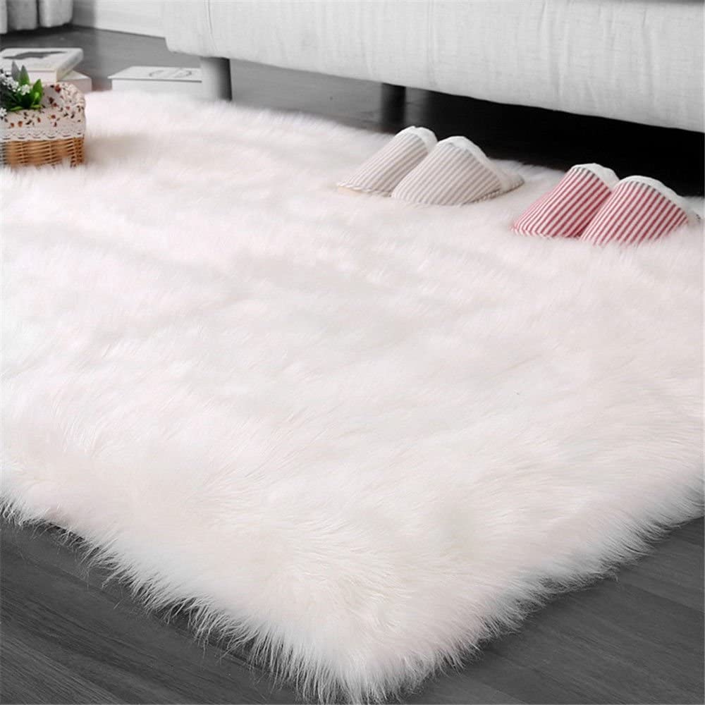 Housine Faux Lambskin Rug Non-Slip Imitation Sheep Fur Long Pile Fluffy Mat for Kids Baby Nursery Room, Sofa, Living Room, Drawing Room (60x90 cm - 2x3 Feet - Mat, White)