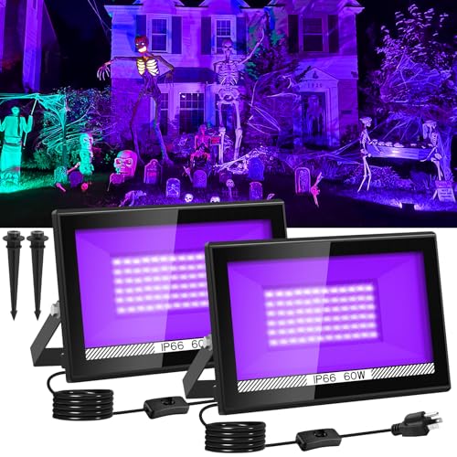 T-SUN 2 Pack 60W Black Lights Outdoor, Blacklight Flood Light with US Plug and Switch, IP66 Waterproof Black Lights for Glow Party, Glow in The Dark, Body Paint Fluorescent Poster Halloween