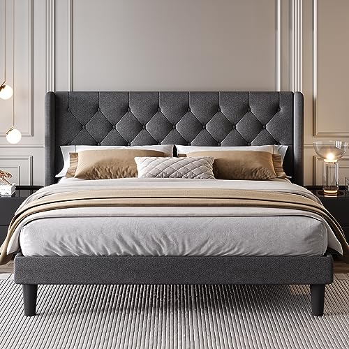 SHA CERLIN King Size Upholstered Platform Bed Frame and Wingback Headboard, Tufted Velvet Fabric, Wooden Slats Support, Easy Assembly, Dark Grey