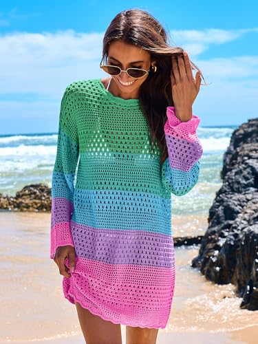Image of ANRABESS Women Swimsuit Crochet Swim Cover Up 2026 Summer Bathing Suit Swimwear Mesh Knit Beach Dress Vacation Outfits