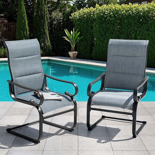 Image of NUU GARDEN Set of 2 Padded Textilene Patio Dining Chairs C Spring Outdoor Chairs with Curved Armrests Powder Coated Metal Frame Patio Furniture for Garden Backyard Poolside Lawn Blue and Black
