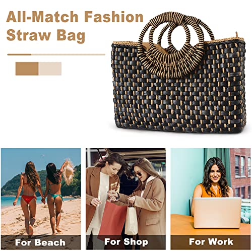 Bolso de paja veraniego retro para mujer negro miniatura 7