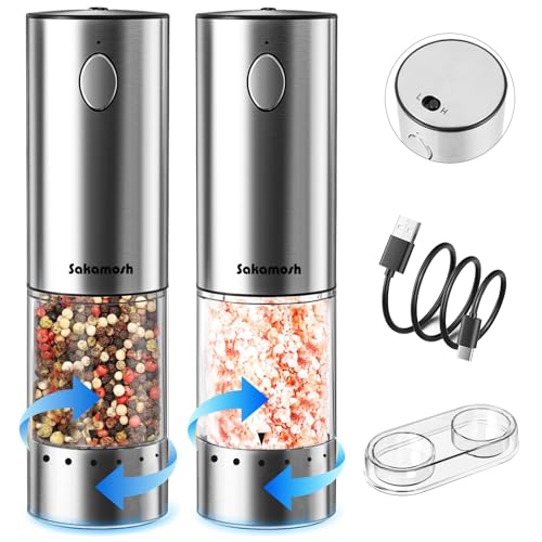 SAKAMOSH Electric Salt and Pepper Grinder Set Rechargeable, Auto One-handed Operation Pepper Mill with LED Light, EXT. Coarseness Adjustment, 2-Speed Control, Stainless Steel Salt Shakers (2 Pack)