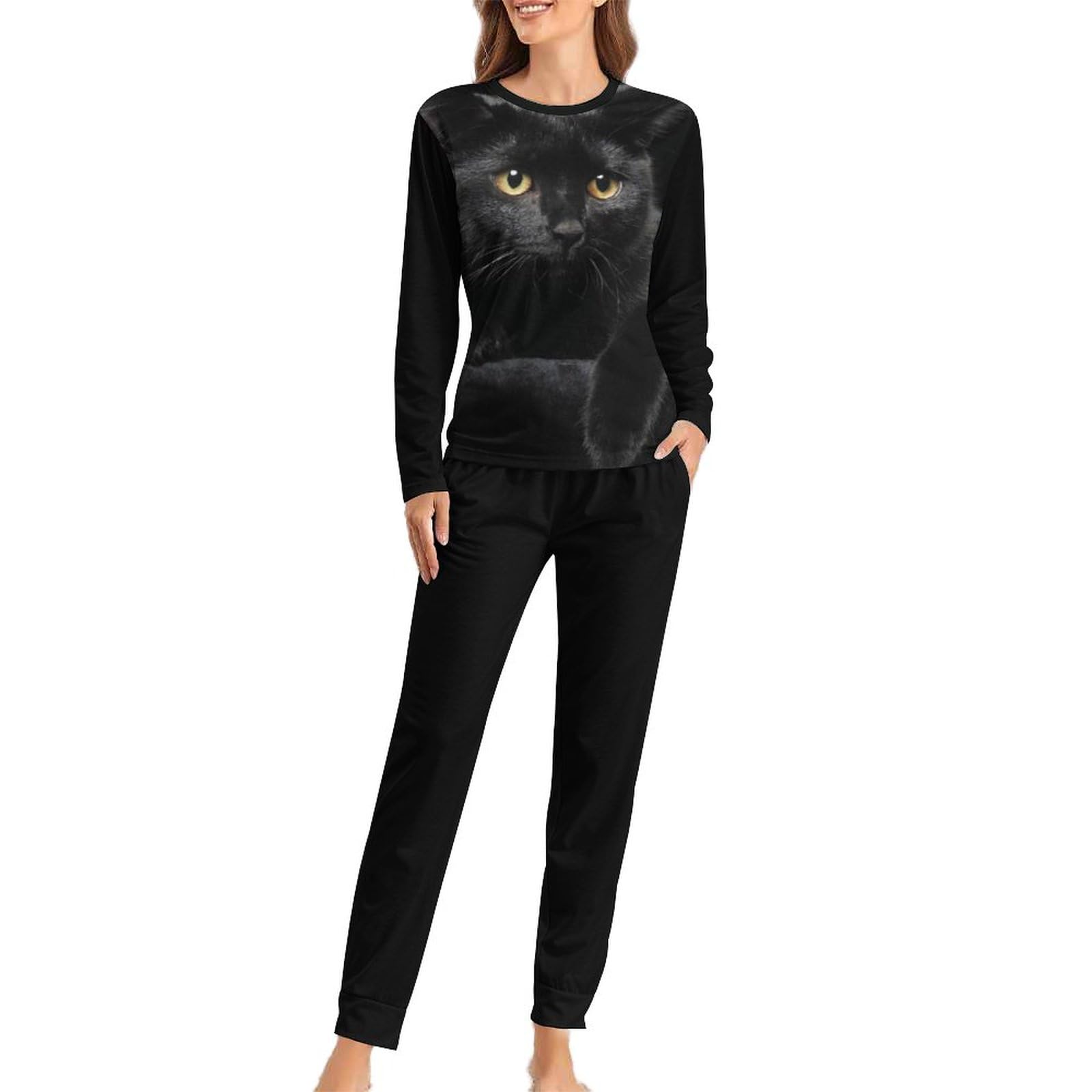 Dgsxynth Woman's Crew Neck Pyjamas Set, Cat Pattern Black Cat Pyjamas for Women, Women's Pajamas with Pockets