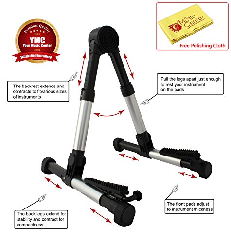 YMC Guitar Stand for Acoustic/Electric/Classical Guitars and Violin, Ukulele, Bass, Banjo, Mandolin - Folding, Portable and Lightweight - Fits Your Fender/Epiphone/Taylor/Yamaha/Martin Music Instrument - The Ultimate for Concert & Travel - Premium Accessories by YMC (Silver) + Free Polishing Cloth