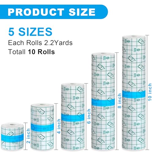 Image of 10 Rolls Tattoo Aftercare Bandages - Autdor Second Skin Tattoo Cover Up Patch Tape Waterproof Transparent Film Wrap for Swimming Shower Tattoos 5 Sizes (2 /4 /6 /8 /10 Inch x 2.2 Yard)