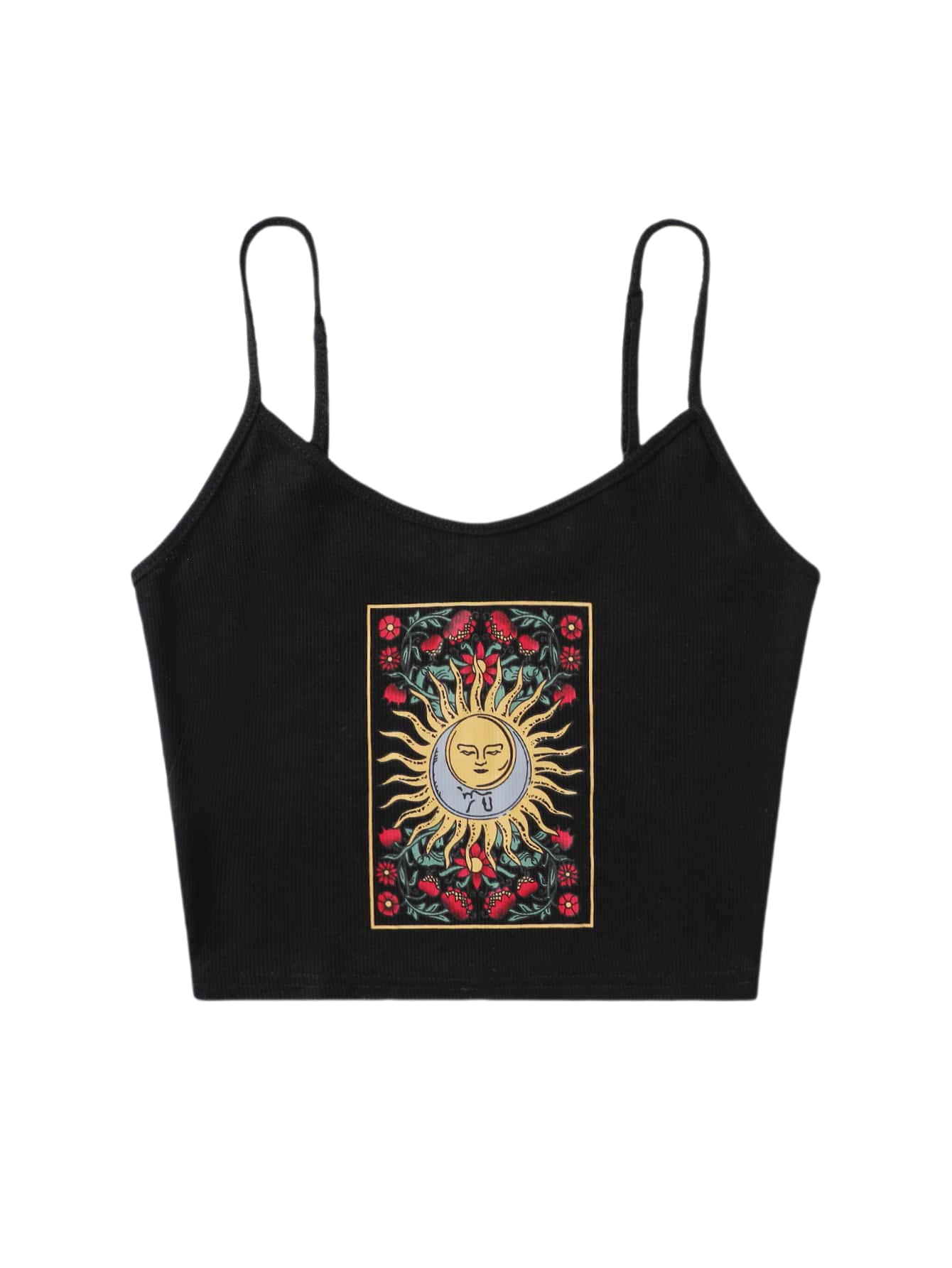 SOLY HUX Women's Spaghetti Strap Floral Sun Graphic Print Ribbed Knit Crop Cami Top Black S
