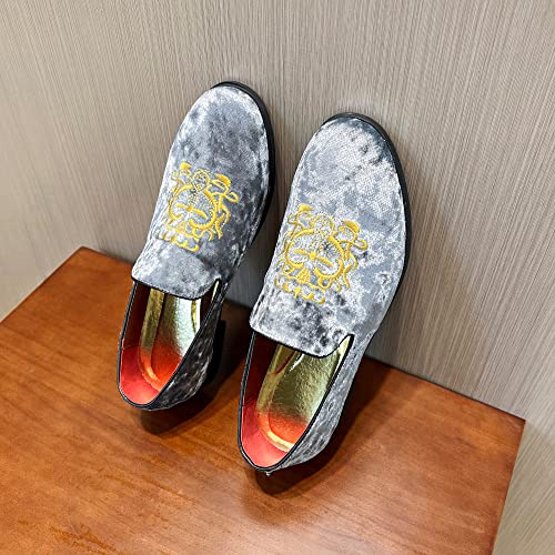 Image of FLQL Men's Luxury Velvet Penny Loafers Shoes Embroidery Suede Dress Loafers Daily Boats Shoes for Party Wedding Prom Size 7-13
