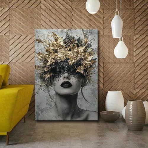 Art noir et or portrait féminin tableau abstrait haut de gamme - 4