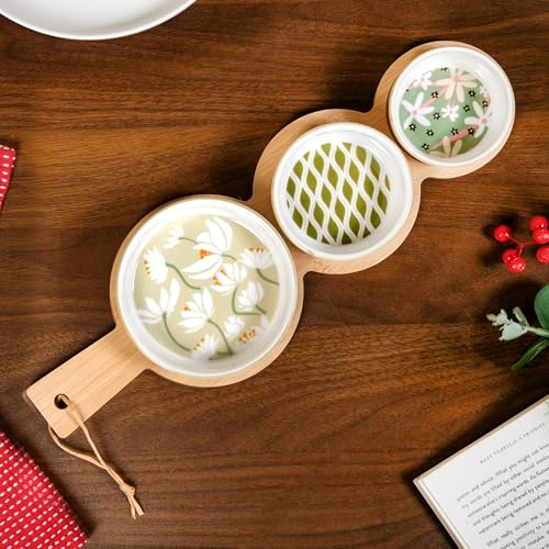 Image of Nestasia Ceramic Serving Platter Set | 3 Small Microwave Safe Snack Bowls with 1 Wooden Tray | 100% Food Safe Tray Set - Perfect for Serving Dips, Dry Fruits & Snacks (Green & White)