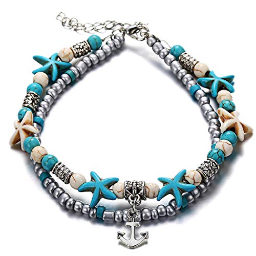 Starfish Turtle Turquoise Bohemian Anklet Bracelet Beach Anchor Elephant Owl Foot Chain Heart Barefoot Sandal Jewelry for Women and Girls (Anchor)