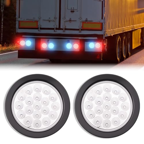Image of 2PCS 4 Inch 19LED Red+Blue Round Led Trailer Tail Lights,Brake Stop Turn Signal Light w /Grommets,12V,IP67 Waterproof,3-Prong Wire Pigtails