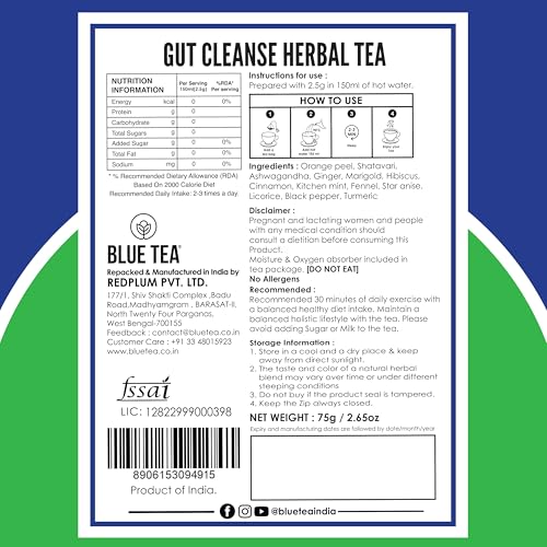 Image of BLUE TEA - Gut Cleanse - 30 Tea Bags - Plant Based | Eases Bloating - Supports Digestion - Remove Toxins - Antioxidant Rich | Caffeine Free - Herbal Tea | Ziplock Pack