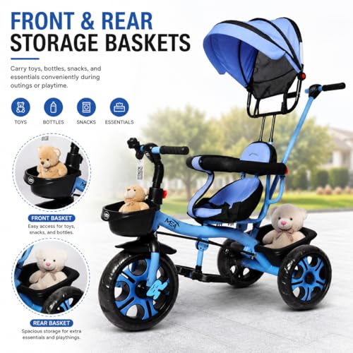 Image of MEA Kids Tricycle with Adjustable Canopy & Parent Push Handle | Safe Baby Trike with Safety Guard Rail, Comfortable Seat & Storage Basket | Play Ride-On Tricycle for Toddlers Boys & Girls - Blue