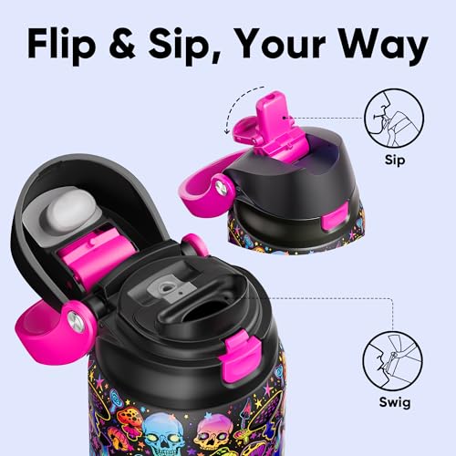 Image of Encool SwiftSip Insulated Stainless Steel Water Bottle with Straw - Leak Proof Sports Water Bottle for School, Travel, Keeps Cold All Day, One-Touch Flip Lid, BPA-Free, 32 oz, Trippy Skulls