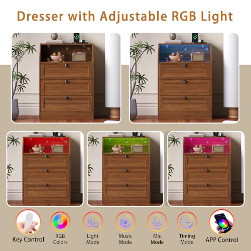 Image of Wodeer Walnut Dresser 3 Drawer Nightstand, Wood Night Stand with LED Lights, Charging Station, Metal Handles, Modern Storage Cabinet and Organizer Drawers for Living Room, Hallway