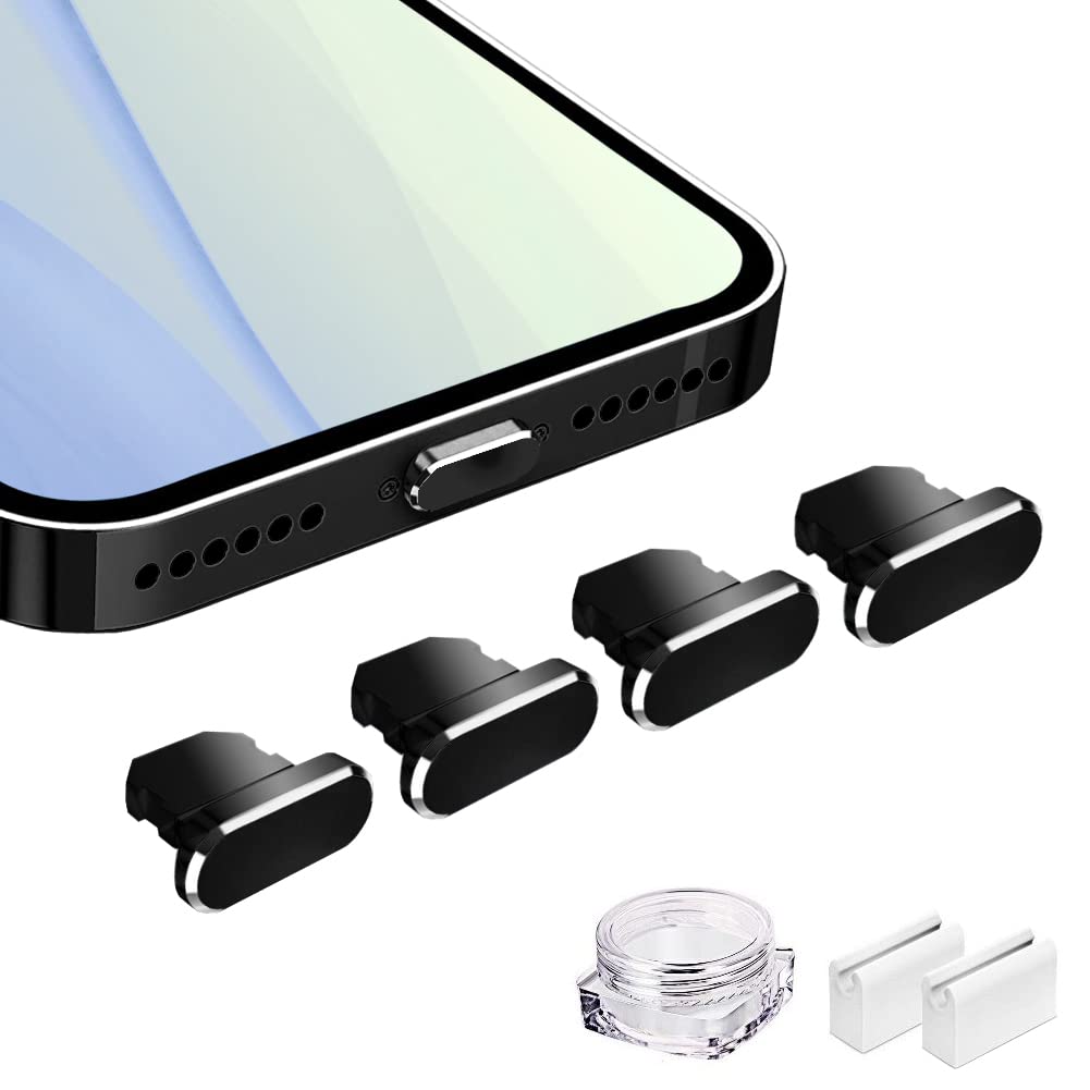 VIWIEU Anti Dust Plugs Metal Cover Compatible with iPhone 14 13 12 11 X XS XR 8 7 SE Mini Plus Pro Max iPad AirPods 4 Pack, Lightning Charging Port Dust Caps Protector with Plug Holder (Black) (B0B1BQ4CYG) Amazon Price History, Amazon Price Tracker
