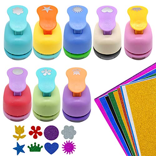 8 Pieces Paper Punchers Craft Holes Punch Scrapbook Punches 10 Sheets Glitter Sticker Paper, Round, Star, Heart, Rose, Wave Circe, Crown, Sunflower Shape for Kids Party Favors