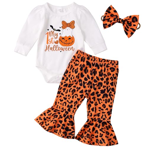 Cemion My First Halloween Baby Girl Outfit Newborn Pumpkin Romper Leopard Print Bell Bottom Pants Headband Outfits Set 0 3 Months