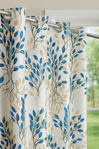 Image of DEVSANG Polyester 2 Print and 1 Plain Curtains Set of 3, Aqua&White 9 Feet