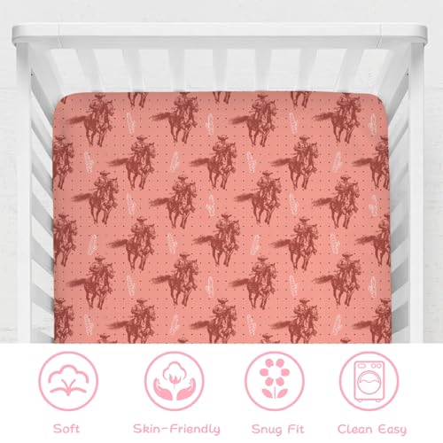 Image of Pink Western Cowboy Cactus Baby Crib Sheets 52''x28'' Vintage Cowboy Horse Snug Fitted Crib Mattress Cover for Boy Girl Retro West Plants Soft Baby Bed Sheets for Standard Crib and Toddler Mattress