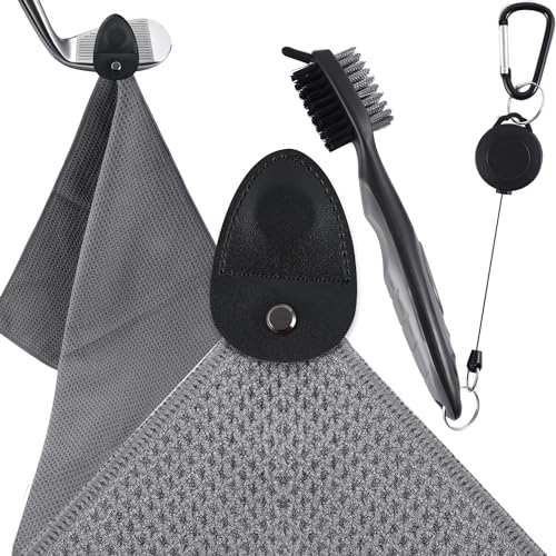 UITWMKTG Magnetic Golf Towel Accessories Kit with Golf Club Brush Groove Cleaner Christmas Father’s Day Best Golf Gifts for Men Golf Towel with Magnet for Women Golfers Grey