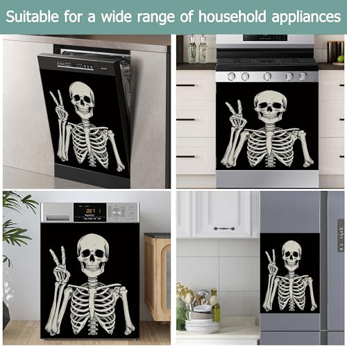 Image of Halloween Skeleton Refrigerator Magnet Cover,Gothic Smiling Skull Washable Dishwasher Magnets Decorative Cover,Home Kitchen Decorative Dishwasher Front Panel Cover 23x26 Inch