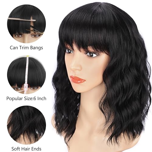 Image of AISI HAIR Bob Curly Wig Synthetic Short Black Wig with Bangs Natural Looking Heat Resistant Fiber Hair for Women