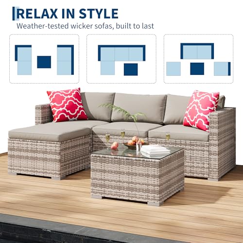 Image of GAOMON 5 Pieces Patio Furniture Sets All Weather Outdoor Sectional Patio Sofa Manual Weaving Wicker Rattan Patio Seating Sofas with Cushion and Glass Table