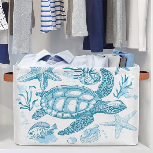Image of Sea Turtle Storage Baskets for Organizing, Fabric Collapsible Storage Bins Box Ocean Animal Fish Decorative Toy Organizer Baskets for Closet Shelves Gift Basket 1 Pc