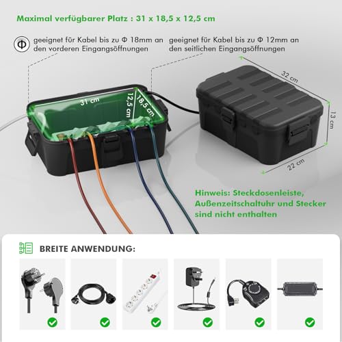 RESTMO große wasserdichte Kabelbox für den Außenbereich (Outdoor), IP54 wasserdicht, wetterfester Elektrokasten zum Schutz von Verlängerungskabel, Steckdosenleisten, Außensteckern (32x22x13cm)-Schwarz