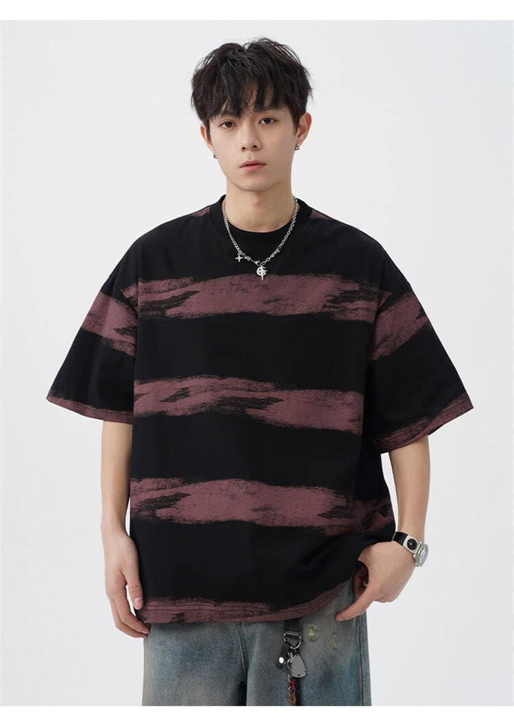 T-Shirt Cotone Uomo Estate Righe Stampato Larga Manica Corta