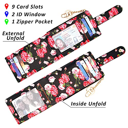 Image of Badiya Slim Women Wallet RFID Blocking Bifold Compact 9 Card Slots Holder Wallets Soft Leather with Zipper Coin Pocket 2 ID Window
