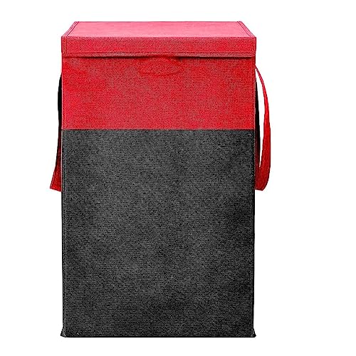 Image of 75L Non Woven Printed Rectangular Foldable Laundry Bag | Clothes Storage Organiser With Lid And Side Handle | Utility Basket For Bedroom Dorm Hostel Use Space Saving | Red & Black