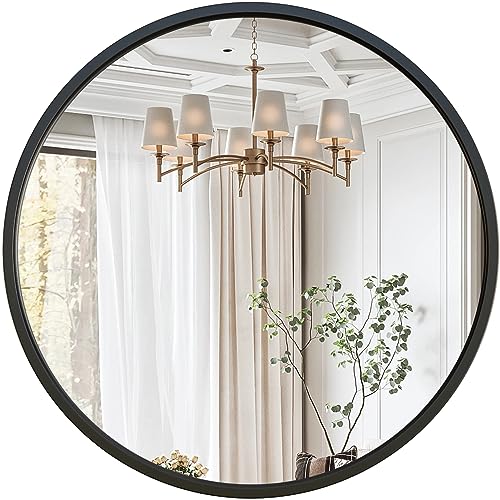 G-LEAF 15.7 inch Round Mirror, Circle Wall Mirror for Bathroom Vanity, Entryway Living Room, Matte Black Metal Frame for Home Decor