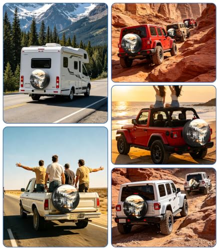 Image of RV Spare Tire Cover Mountain Lake Tree 17in Waterproof Universal Fit | PVC Leather Sun Dust Dirt Protection, Fits Travel Trailer Truck SUV Car Camper Motorhome Accessories Vehicle Wheel Cover