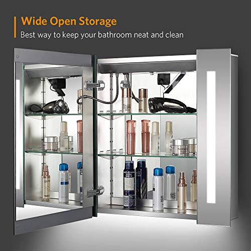 Quavikey Bathroom Mirror Cabinets LED Illuminated Mirrored Bathroom Cabinets Wall Mounted With Light Shaver Socket Demister For Makeup Cosmetic Shaver Charging 650 x 600mm