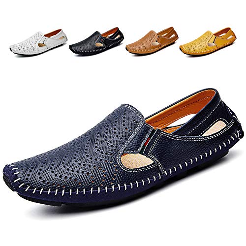 Men's Driving Shoes Leather Fashion Slipper Casual Slip on Loafers Shoes in Summer Blue Size: 8 UK