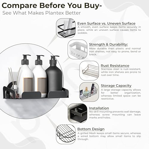 Image of Plantex Bathroom Organiser Without Drill /Self Adhesive Bathroom Shelf /Stainless Steel Shelf for Bathroom- Pack of 2 (10x4 Inch,Black)
