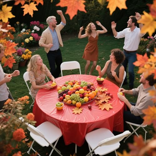 Image of CIEOVO 12 Pack Fall Plastic Tablecloth, Autumn Color Disposable Waterproof Round Tablecloth for Fall in Love Wedding Thanksgiving Harvest Family Birthday Baby Shower Party Decoration