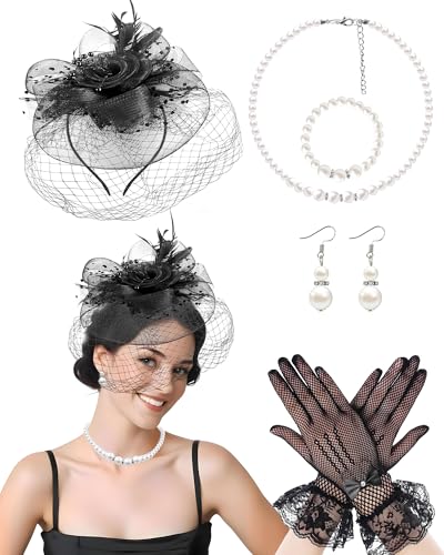Bniksok Black Fascinators Hat for Women Tea Party Elegant Funeral Veil Mesh Hats Wedding Lace Gloves Set for Cocktail 1920s Party Halloween