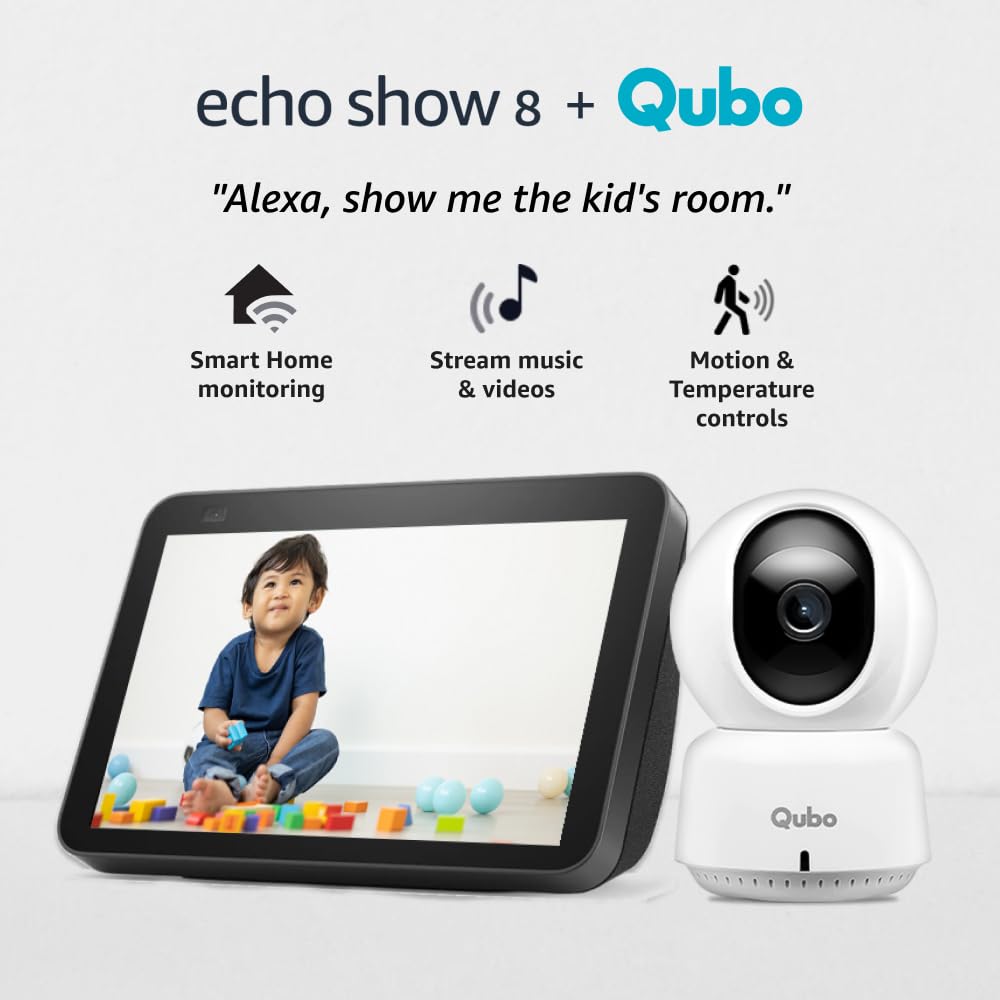 Amazon Echo Show 8 (2nd Gen) Black with Qubo Smart 360 3MP 1296p WiFi CCTV Security Camera