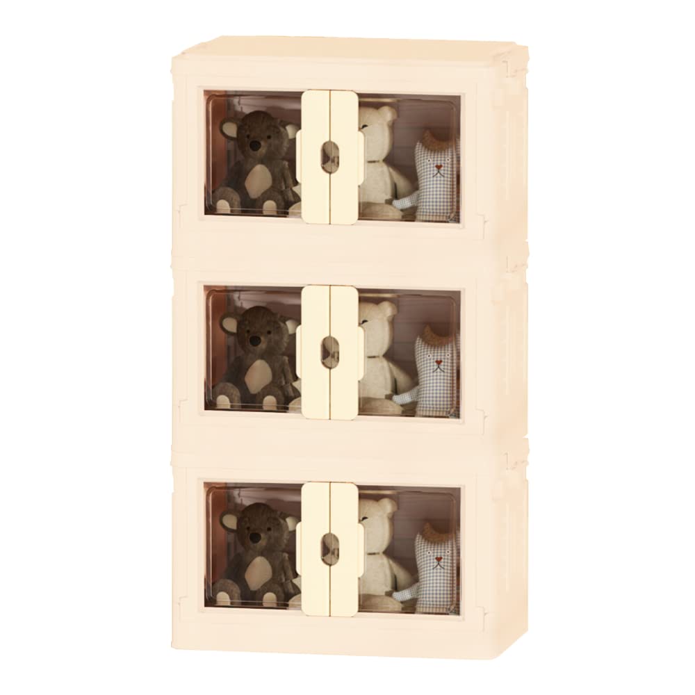 Pack 3 Caja de Almacenamiento Plegable, Contenedor de plástico con Ruedas, Cubo Apilable con Puertas, Organizador para Hogar con Puertas y Tapadera para Habitación, Baño, Cocina, Oficina, Salón