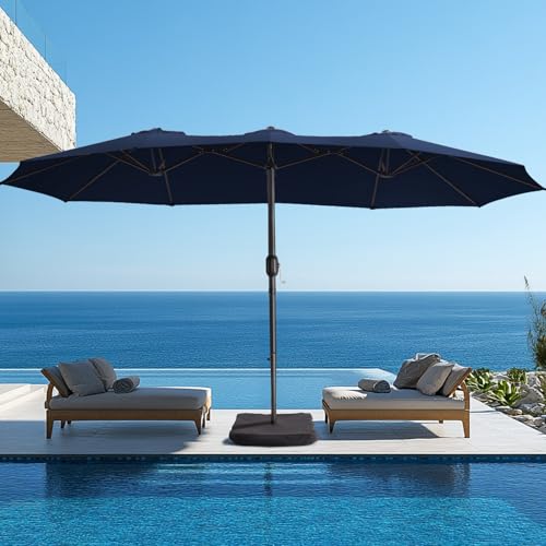 wikiwiki 15ft Large Patio Umbrellas with Base Included, Outdoor Double-Sided Umbrella with Crank Handle, Powerful UV Protective, for Pool Lawn Garden, Navy Blue