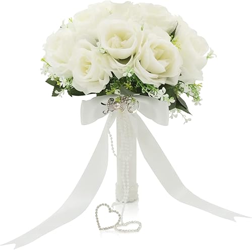 LEIFENY Ramos de boda para novia, ramos de novia para novia, ramo de dama de honor para boda, ramos de flores de boda con cinta de seda y diamantes