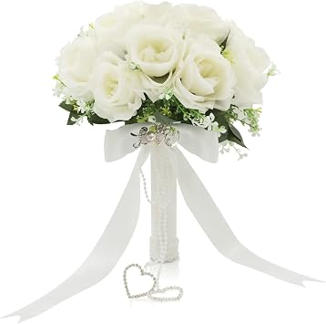 LEIFENY Wedding Bouquets for Bride, White Bridal Bridesmaid Wedding Flowers with Silk Ribbon and Rhinestones, Artificial Toss Rose for Civil Ceremony