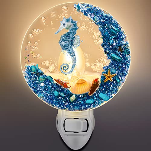 Image of Hortsun Plug in Seashell Night Light Ocean Sea Animal Decorative Night Light Plug in Beach Lamps Vintage Ocean Lamps for Adult for Home Bedroom Living Room Bathroom Wall(Sea Horse)